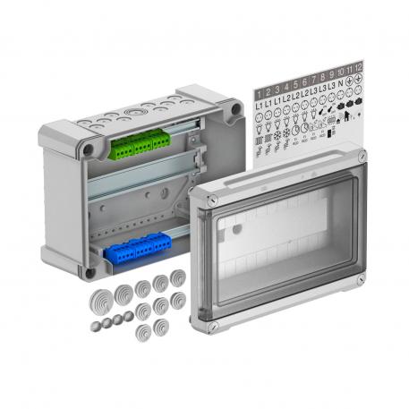 Distribution box, 12 division units, with terminal strip, polystyrene